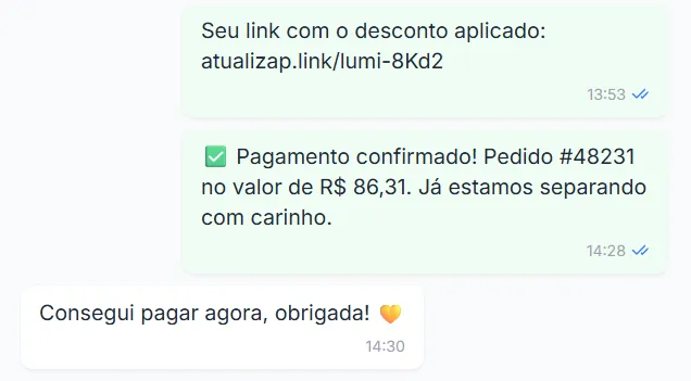Conversa no WhatsApp: a cliente recebe o link com desconto, o pagamento é confirmado e ela agradece