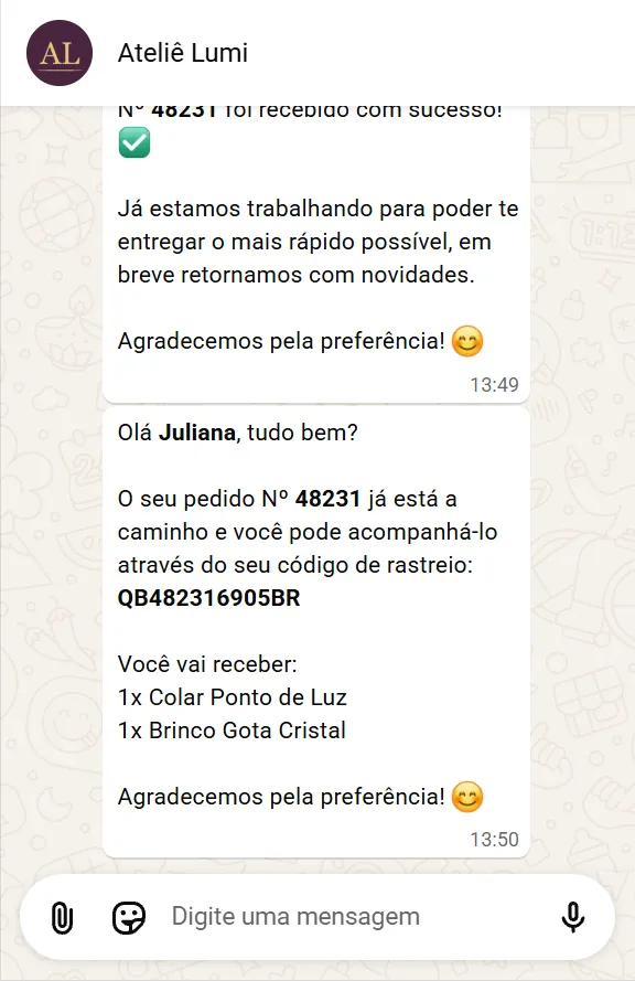 Mensagem no WhatsApp com o código de rastreio do pedido 48231 e os itens enviados
