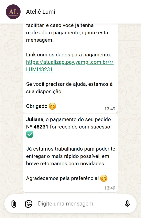 Mensagem no WhatsApp confirmando que o pagamento do pedido 48231 foi recebido